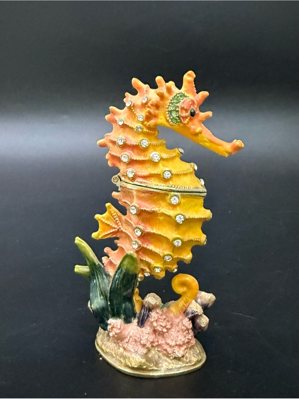 Signed Bejeweled Enameled Seahorse Hinged Trinket Box